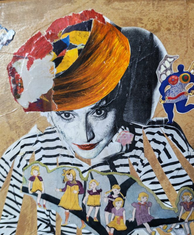 autoportrait de l'artiste Muriel Marec en collage sur bois