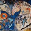 Les Âmes sœurs Collage et peinture sur toile de 120 X 150 cm. Technique mixte ; utilisation de papiers, tissus, peintures. Représentation de 2 chevaux. Artiste Muriel Marec