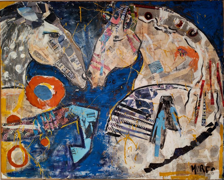 Les Âmes sœurs. Muriel Marec Collage et peinture sur toile de 120 X 150 cm. Technique mixte ; utilisation de papiers, tissus, peintures. Représentation de 2 chevaux. Artiste Muriel Marec