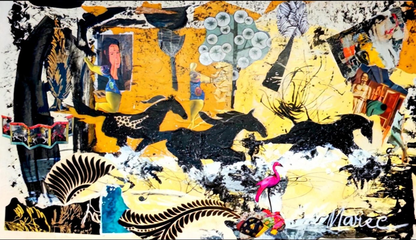 Collage de 70 X 100 cm représentant des chevaux au galop. Technique mêlant peinture et collage de papier. Artiste Muriel Marec